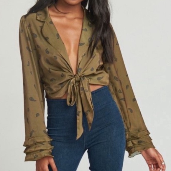 Show Me Your Mumu Olive Tied Top with Ruffle Sleeves and Paisley Print - Picture 4 of 5